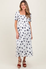 Ivory Floral Puff Sleeve Maternity Midi Dress