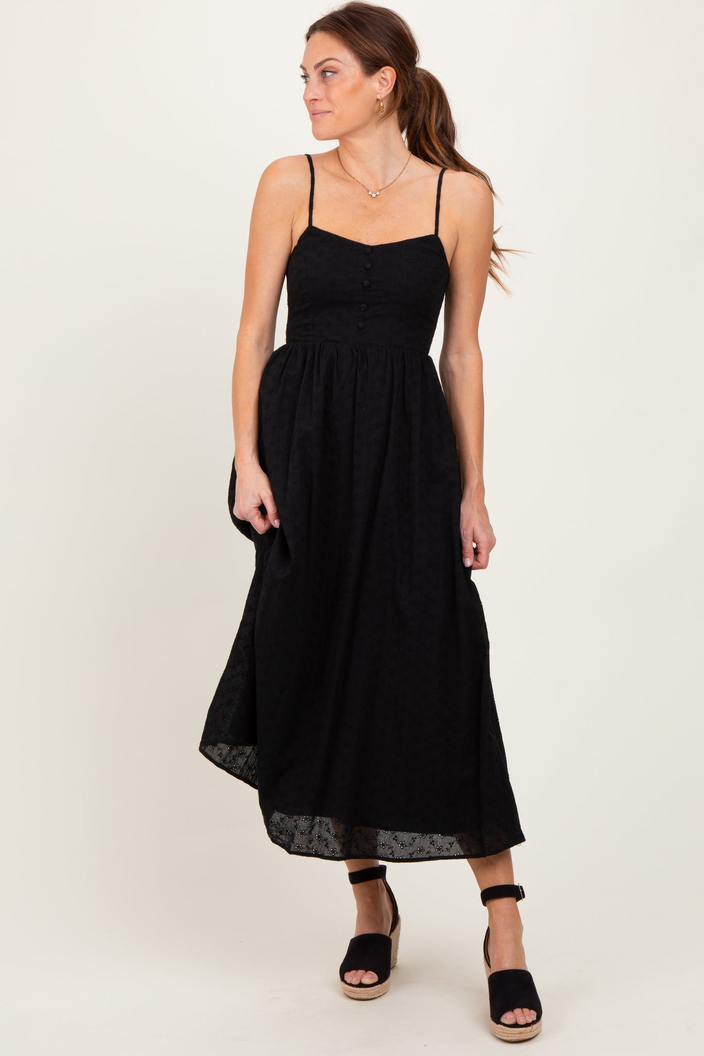 Black Eyelet Front Button Sleeveless Midi Dress