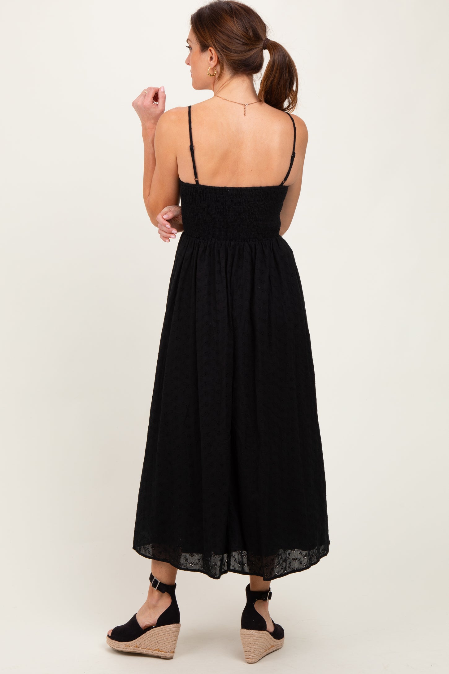 Black Eyelet Front Button Sleeveless Midi Dress