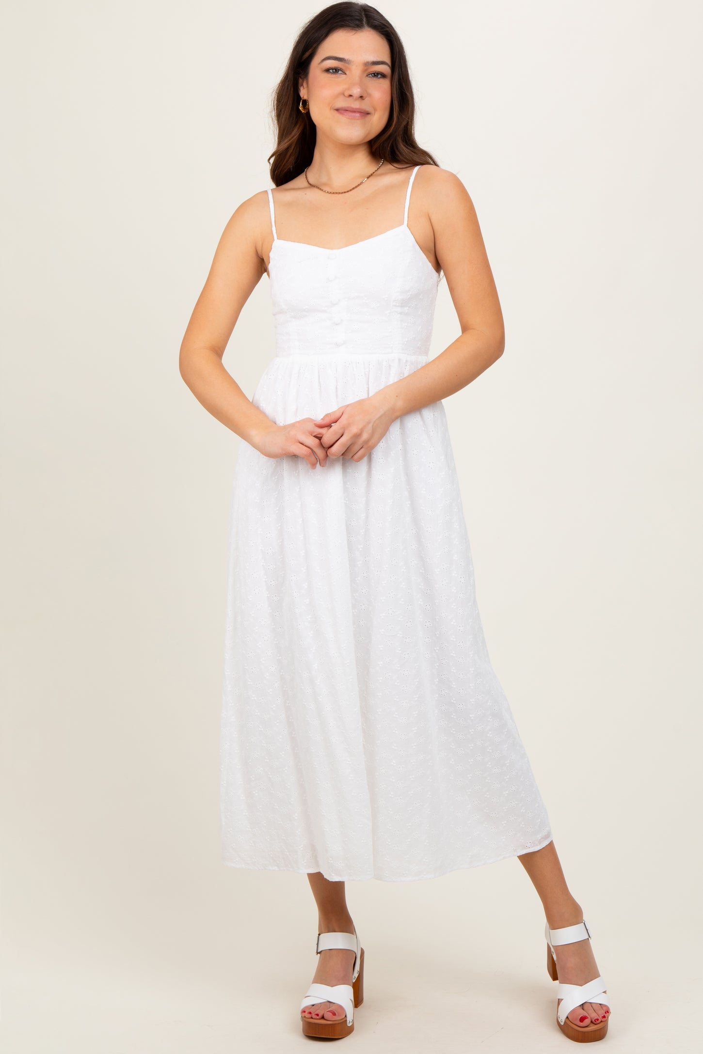 White Eyelet Front Button Sleeveless Midi Dress