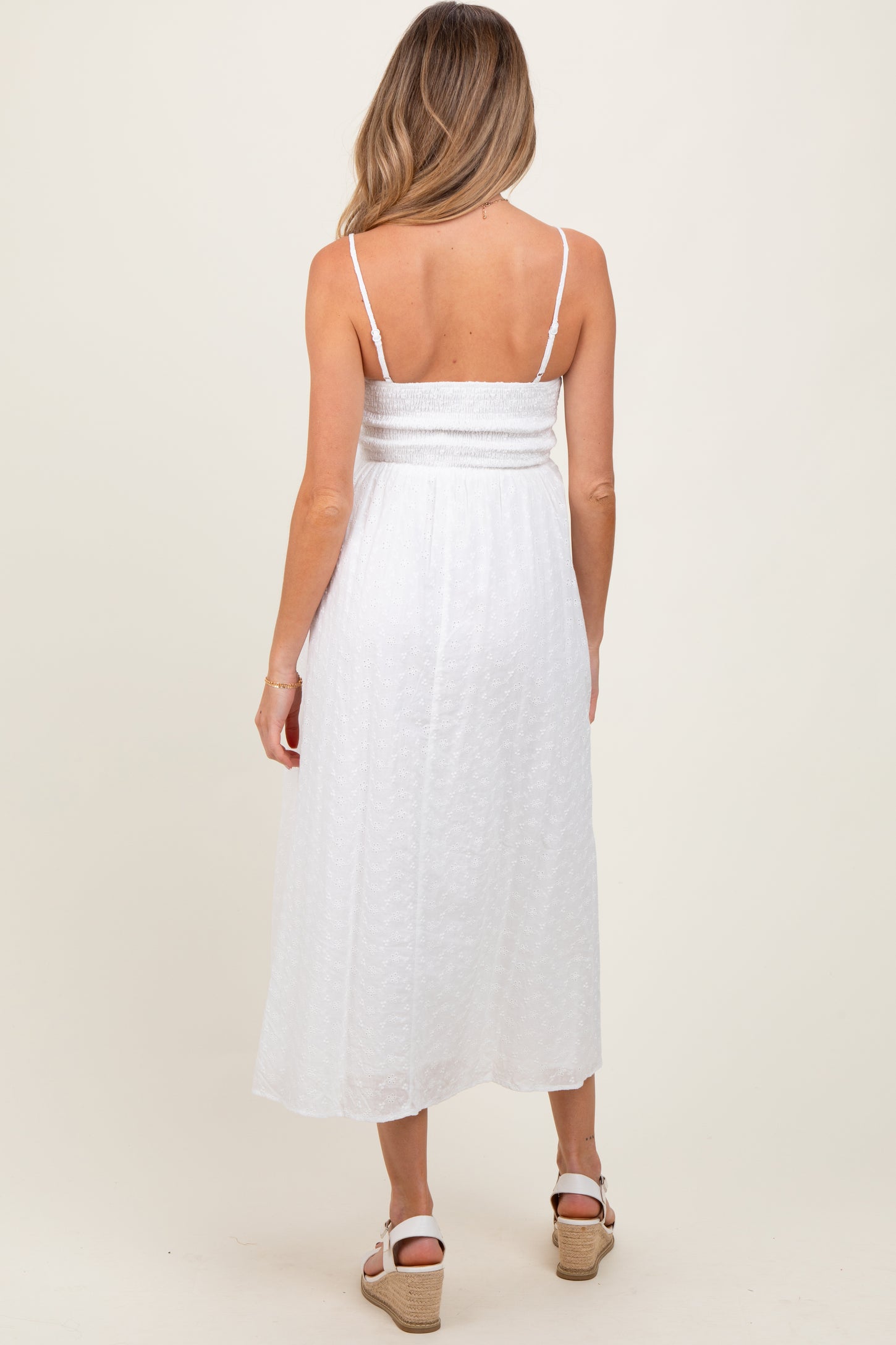 White Eyelet Front Button Sleeveless Maternity Midi Dress