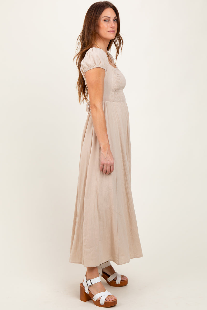 Beige Square Neck Smocked Top Criss Cross Back Tie Maxi Dress – PinkBlush
