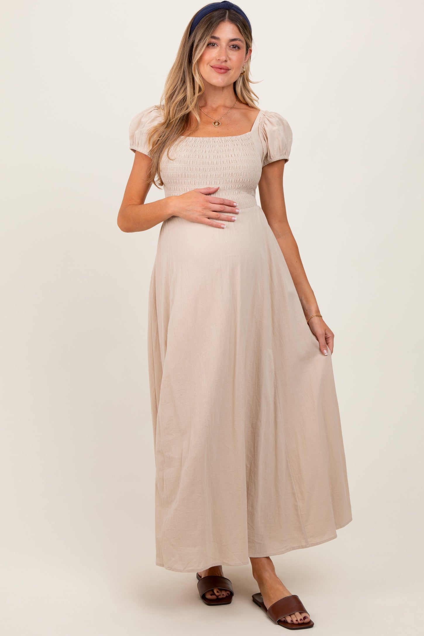 Beige Square Neck Smocked Top Criss Cross Back Tie Maternity Maxi Dress