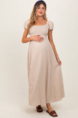 Beige Square Neck Smocked Top Criss Cross Back Tie Maternity Maxi Dress