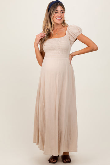 Beige Square Neck Smocked Top Criss Cross Back Tie Maternity Maxi Dress