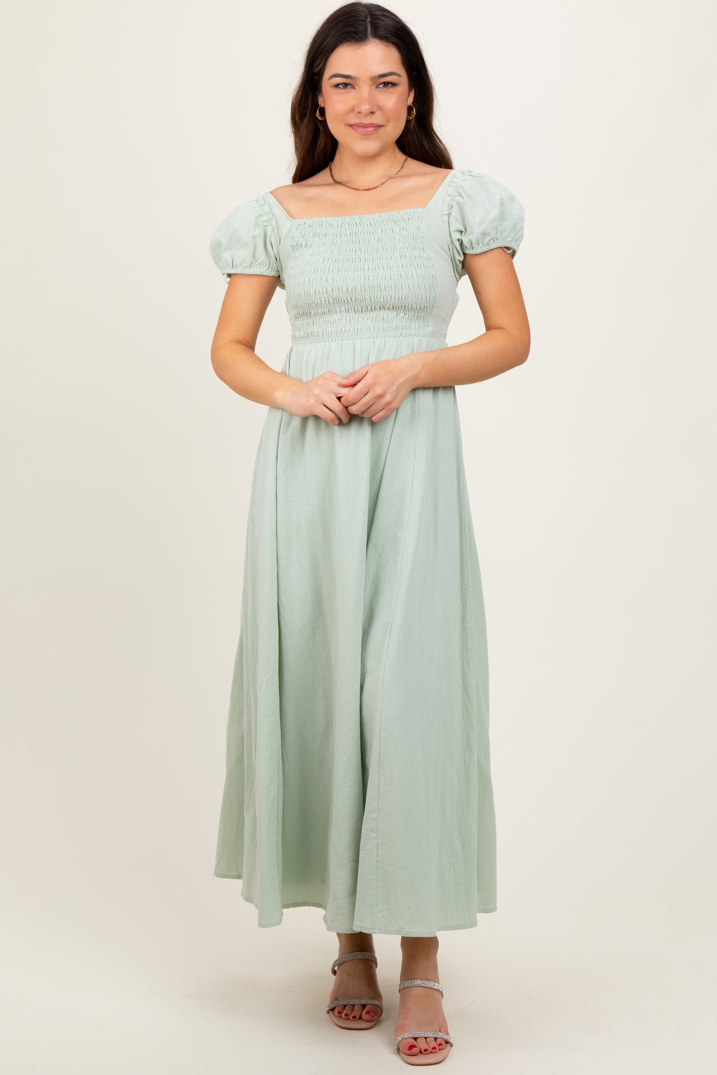 Mint Square Neck Smocked Top Criss Cross Back Tie Maternity Maxi Dress