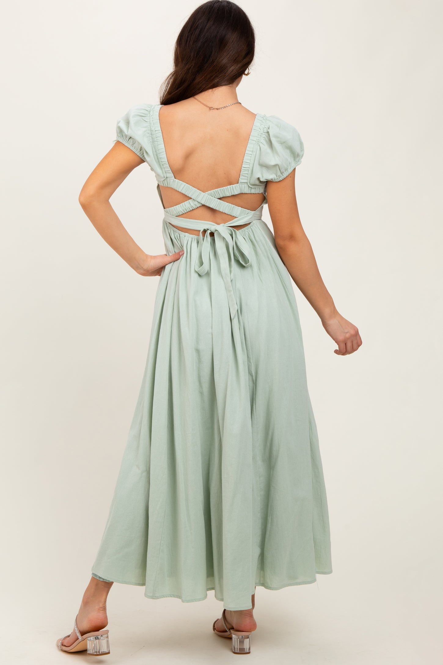 Mint Square Neck Smocked Top Criss Cross Back Tie Maxi Dress