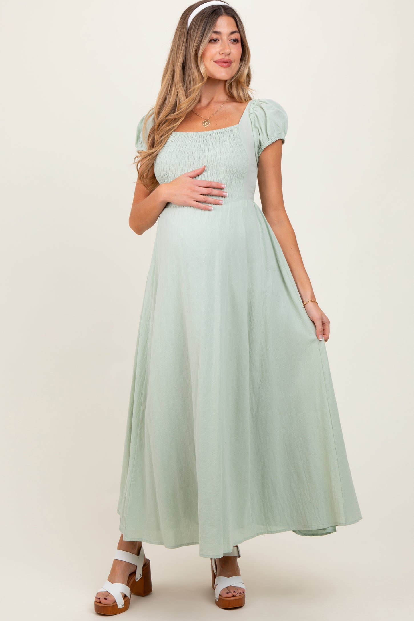 Mint Square Neck Smocked Top Criss Cross Back Tie Maternity Maxi Dress