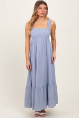 Navy Scrunch Strap Back Tie Ruffle Maternity Maxi Dress