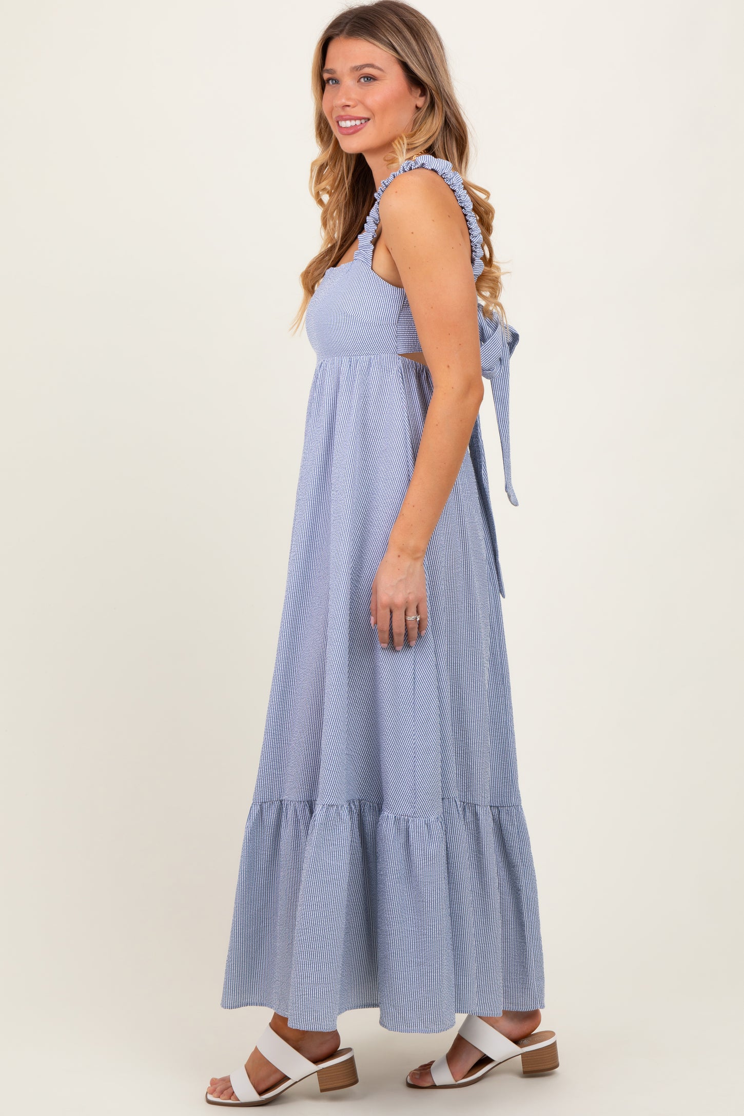 Navy Scrunch Strap Back Tie Ruffle Maxi Dress