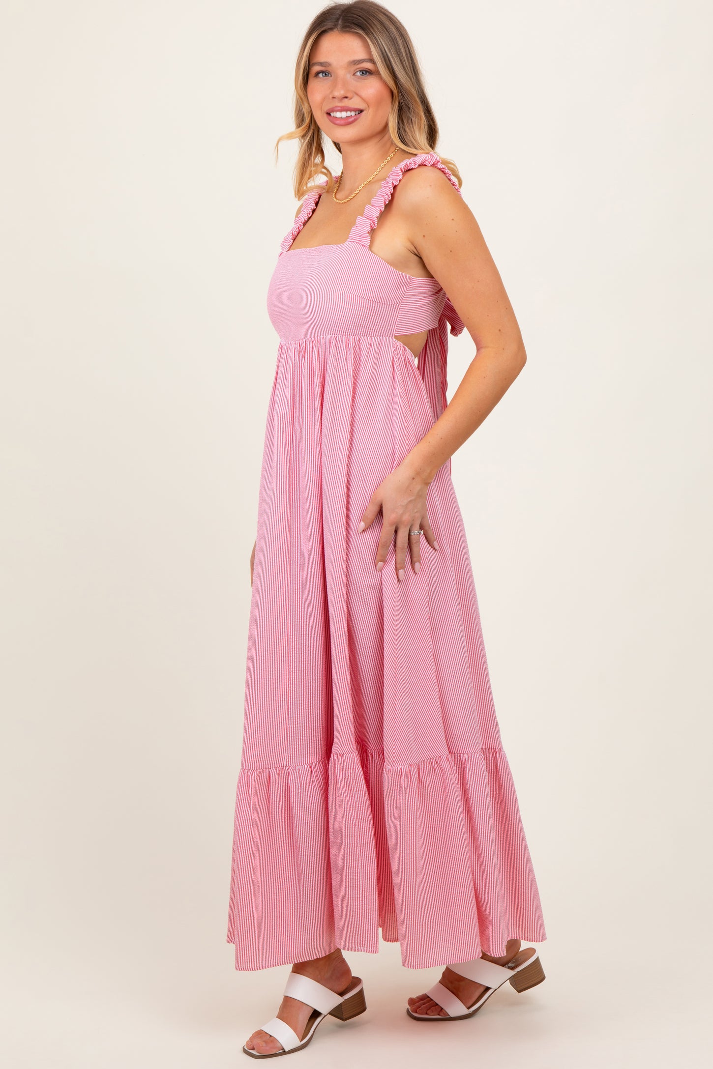 Red Scrunch Strap Back Tie Ruffle Maxi Dress