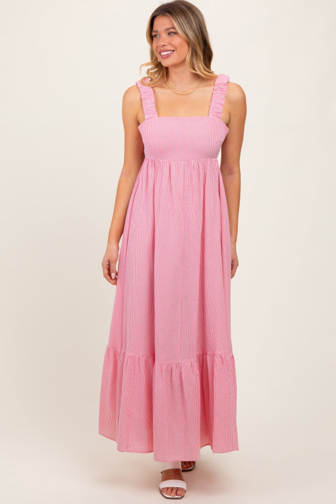 Red Scrunch Strap Back Tie Ruffle Maxi Dress