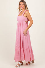 Red Scrunch Strap Back Tie Ruffle Maxi Dress