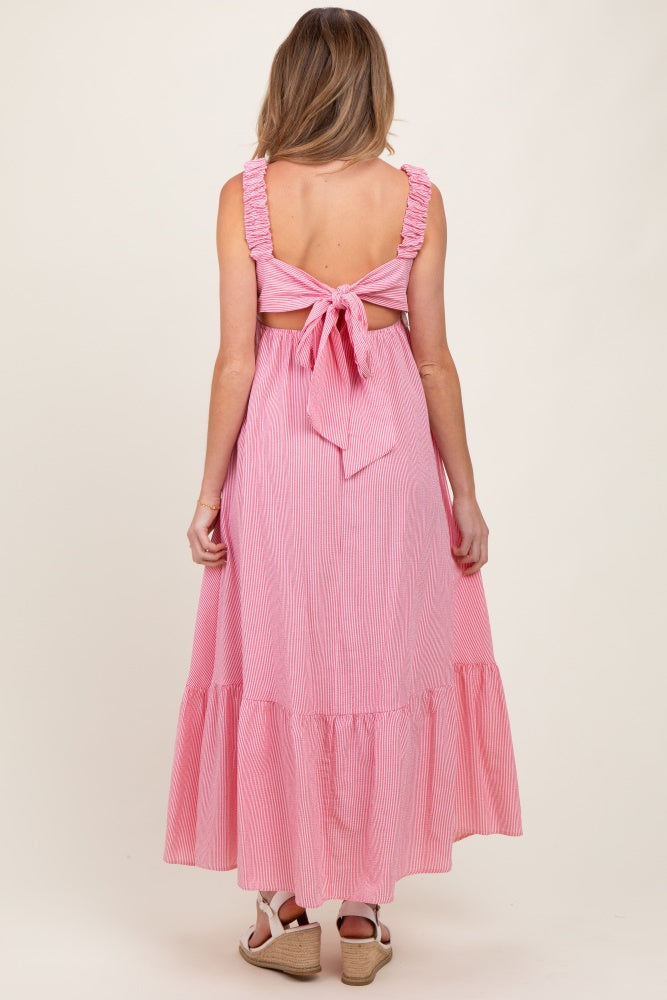 Red Scrunch Strap Back Tie Ruffle Maternity Maxi Dress