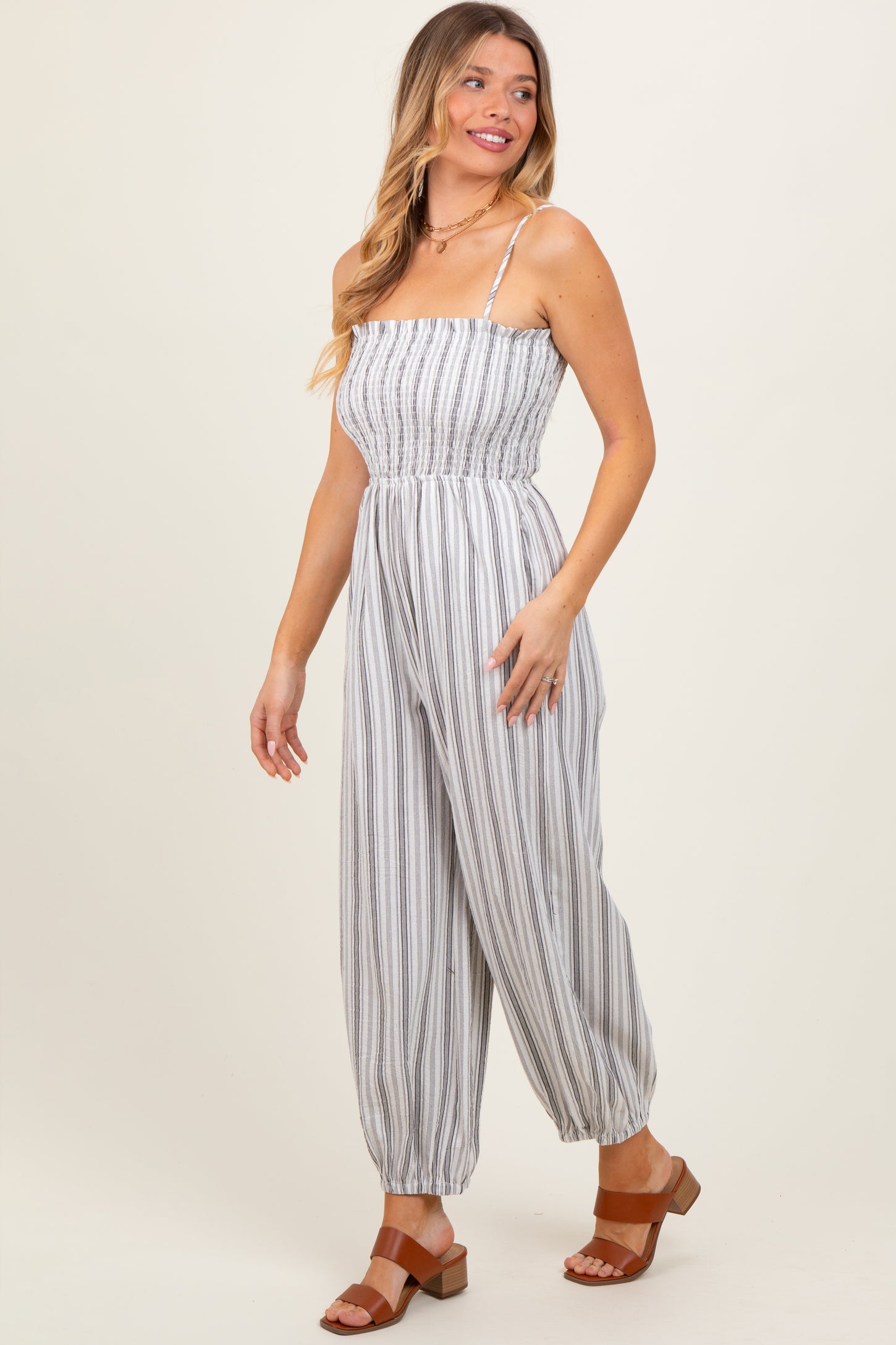 Cream Smocked Striped Balloon Jumpsuit
