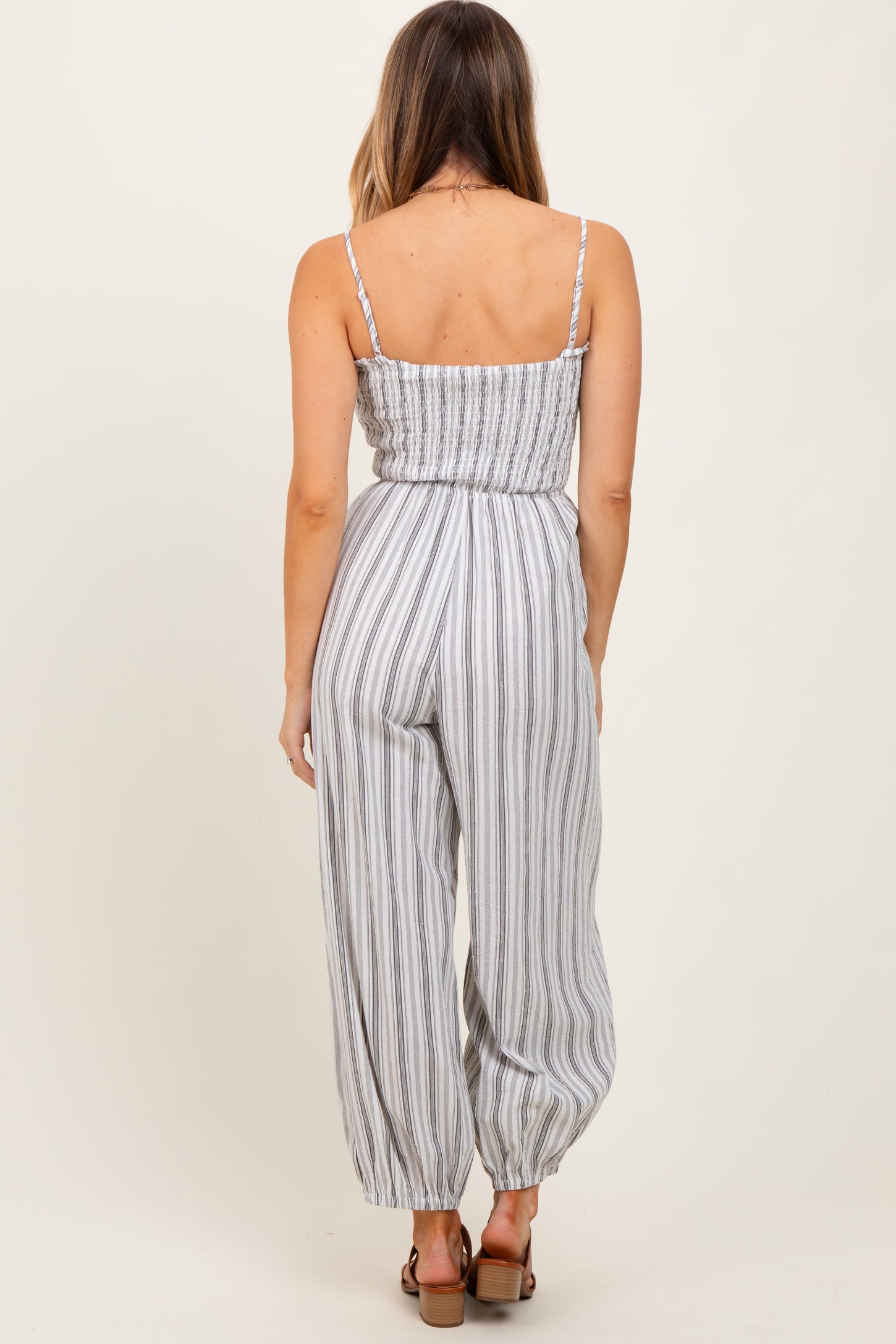 Cream Smocked Striped Balloon Jumpsuit