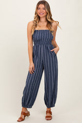 Navy Smocked Striped Balloon Jumpsuit