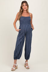Navy Smocked Striped Balloon Maternity Jumpsuit