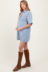 Blue Denim Striped Short Sleeve Maternity Romper