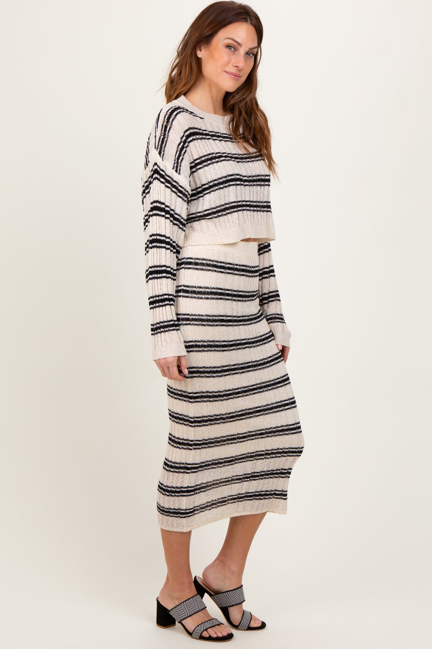 Cream/Black Long Sleeve Crop Top Midi Skirt Set