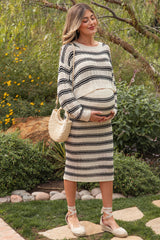 Cream/Black Long Sleeve Crop Top Midi Skirt Maternity Set