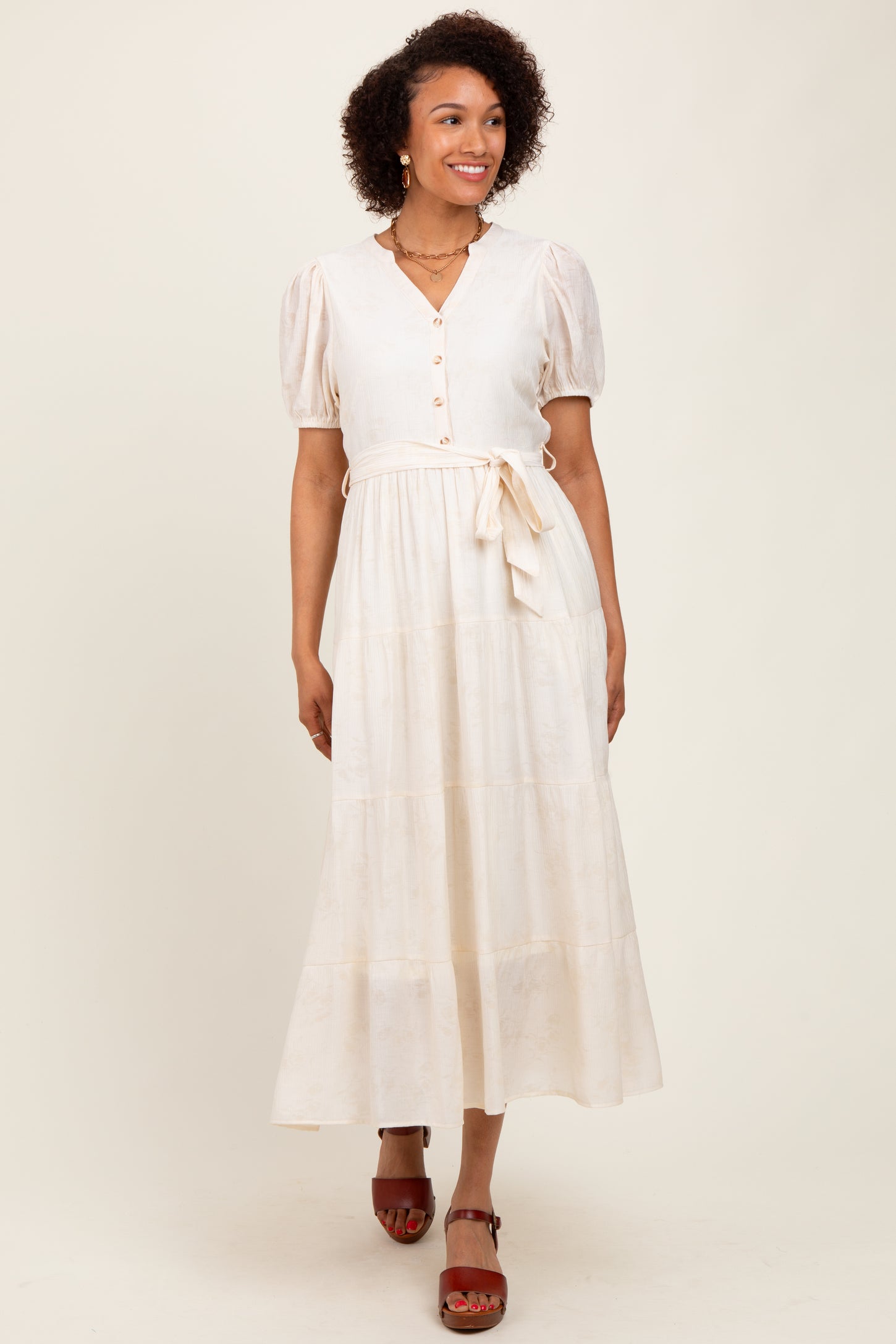 Cream Split Neckline Tiered Maternity Midi Dress – PinkBlush