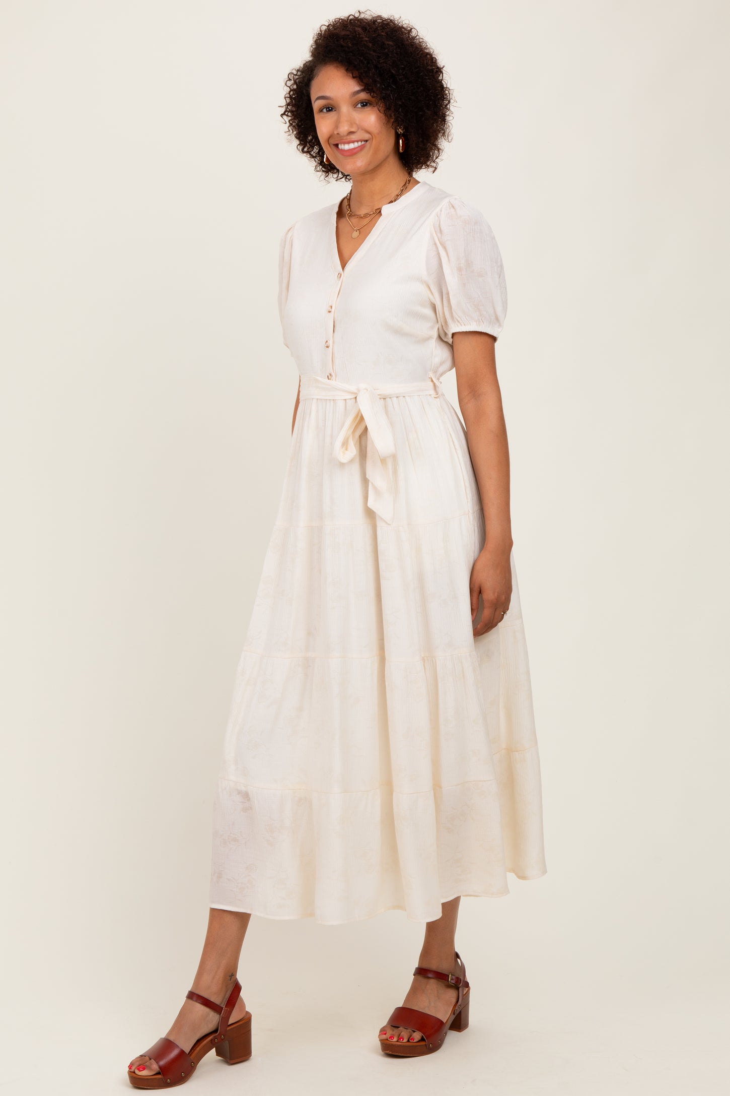 cream tiered midi dress The Abby Button Front Tiered Midi Dress in Cream 3XL
