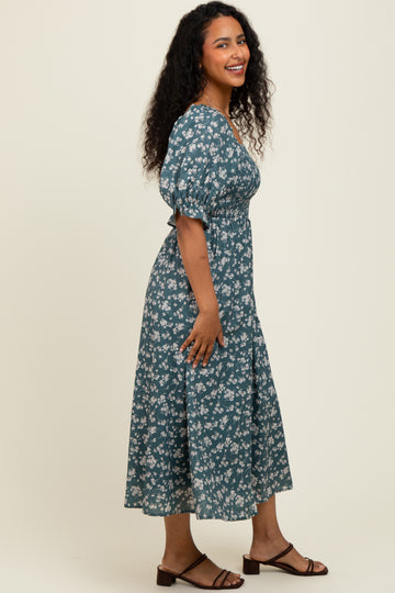 Forest Green Floral Smocked Puff Sleeve Midi Dress