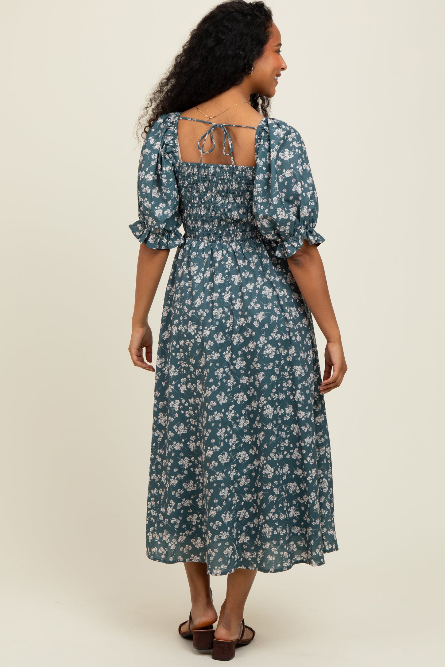 green floral puff sleeve midi dress Mint Sky Puff Sleeve Dress Teuta Matoshi