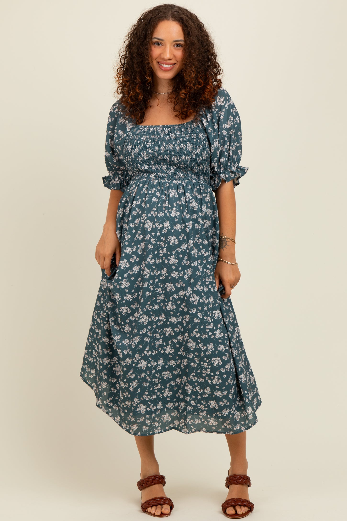 Forest Green Floral Smocked Puff Sleeve Maternity Midi Dress