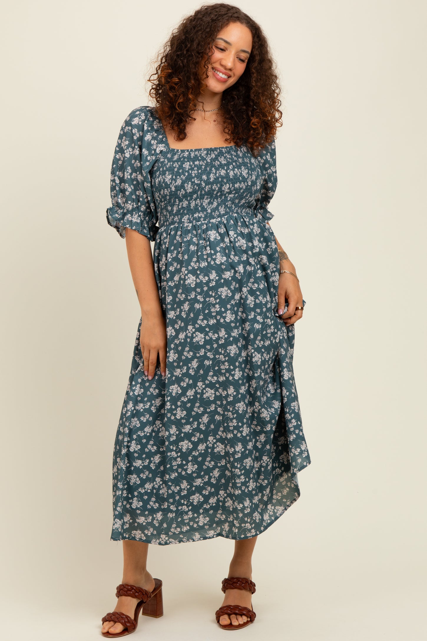 Forest Green Floral Smocked Puff Sleeve Maternity Midi Dress