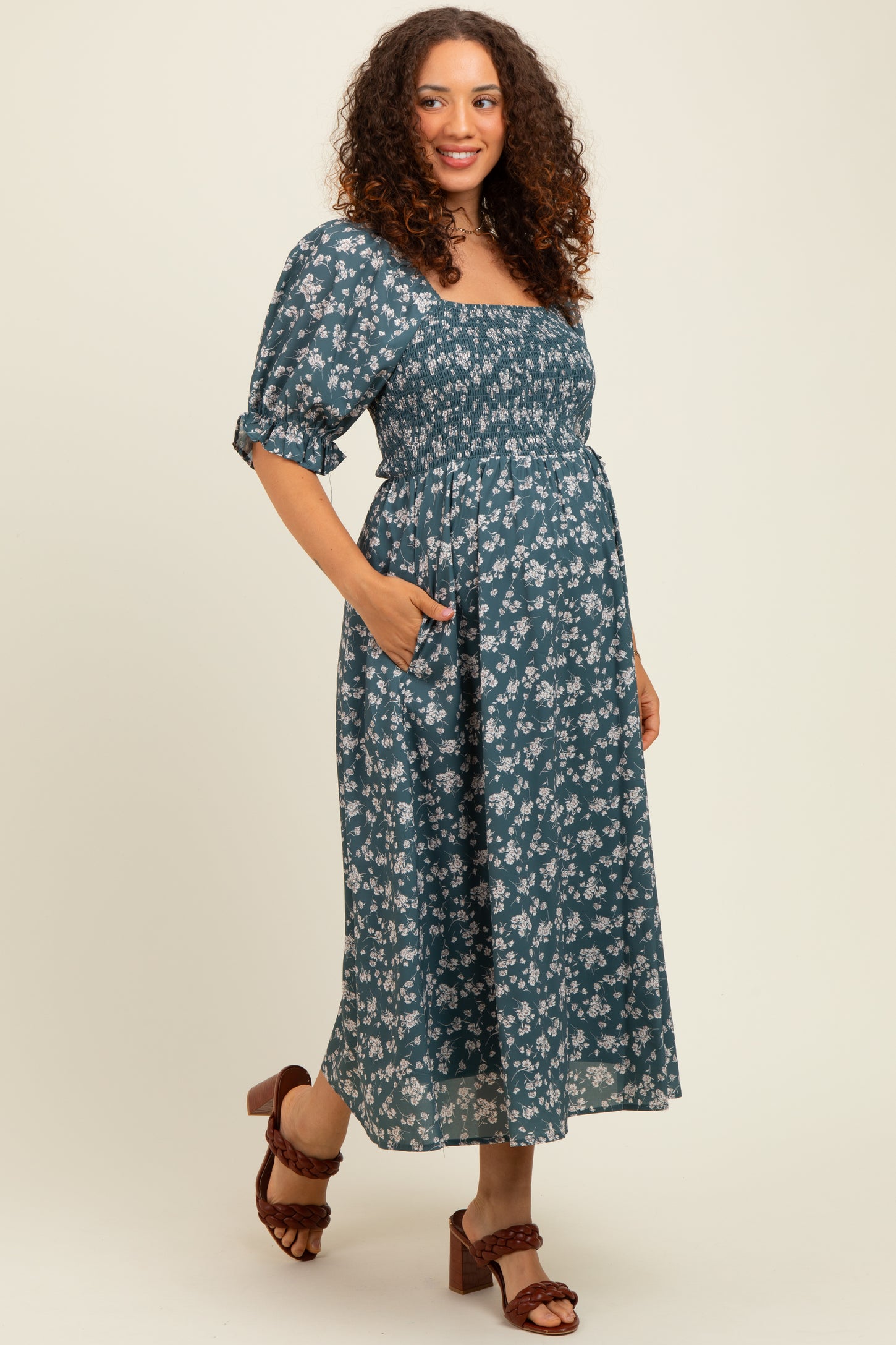 Forest Green Floral Smocked Puff Sleeve Maternity Midi Dress