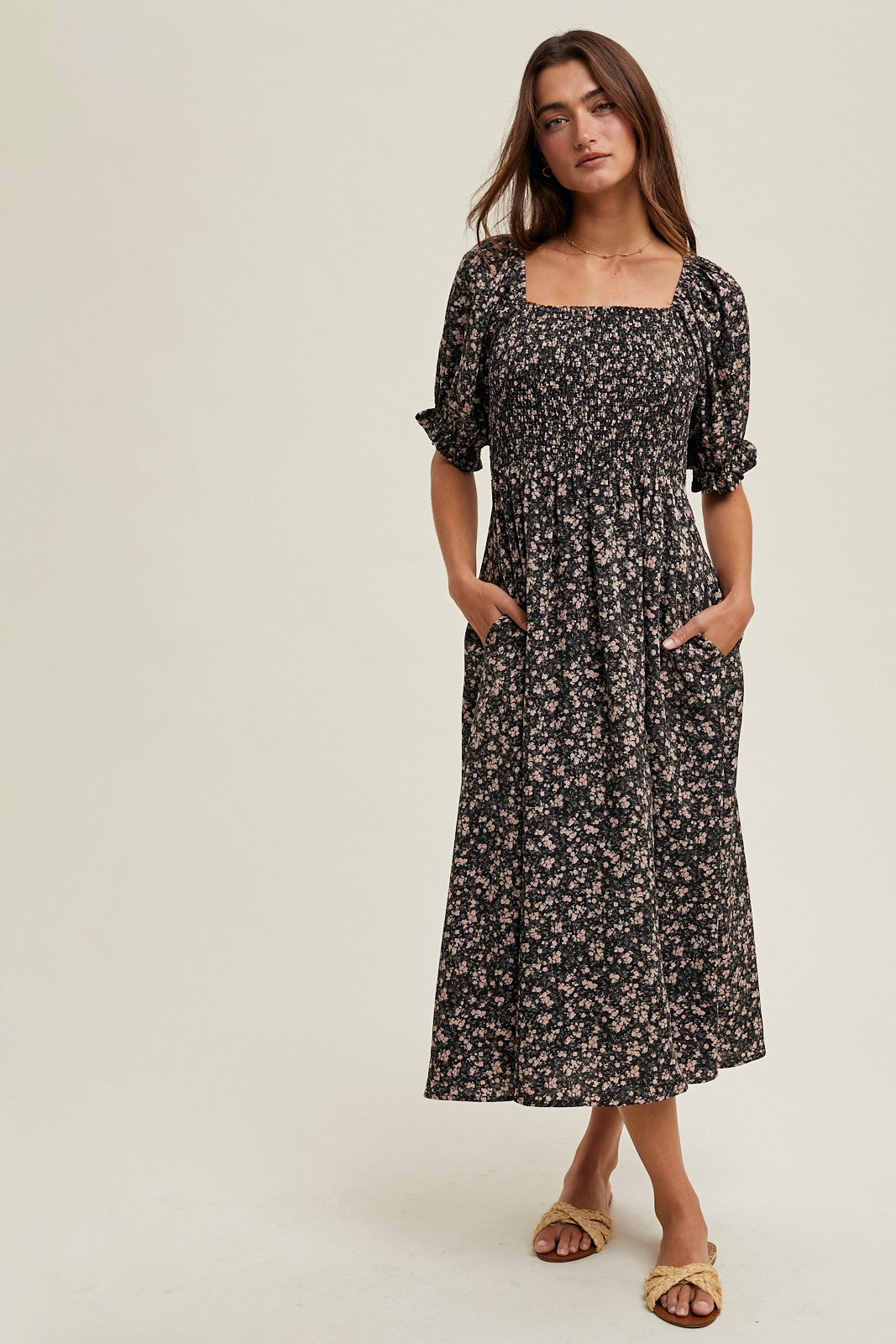 Black Floral Smocked Puff Sleeve Midi Dress – PinkBlush
