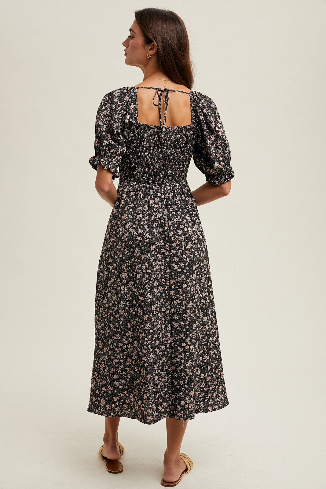 black flower midi dress Black Floral Smocked Puff Sleeve Midi Dress