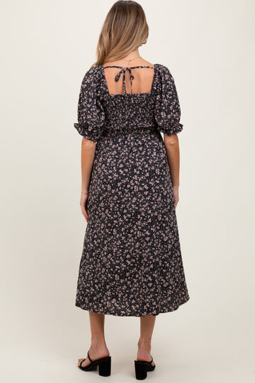 Black Floral Smocked Puff Sleeve Maternity Midi Dress