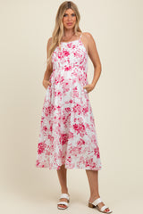 Pink Floral Sleeveless Piping Detail Maternity Midi Dress
