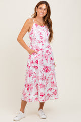 Pink Floral Sleeveless Piping Detail Maternity Midi Dress