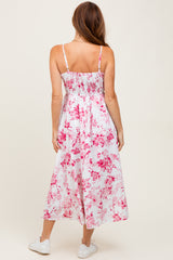 Pink Floral Sleeveless Piping Detail Midi Dress