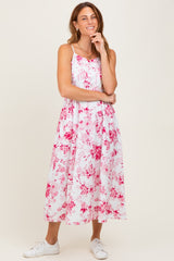 Pink Floral Sleeveless Piping Detail Midi Dress