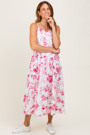 Pink Floral Sleeveless Piping Detail Midi Dress
