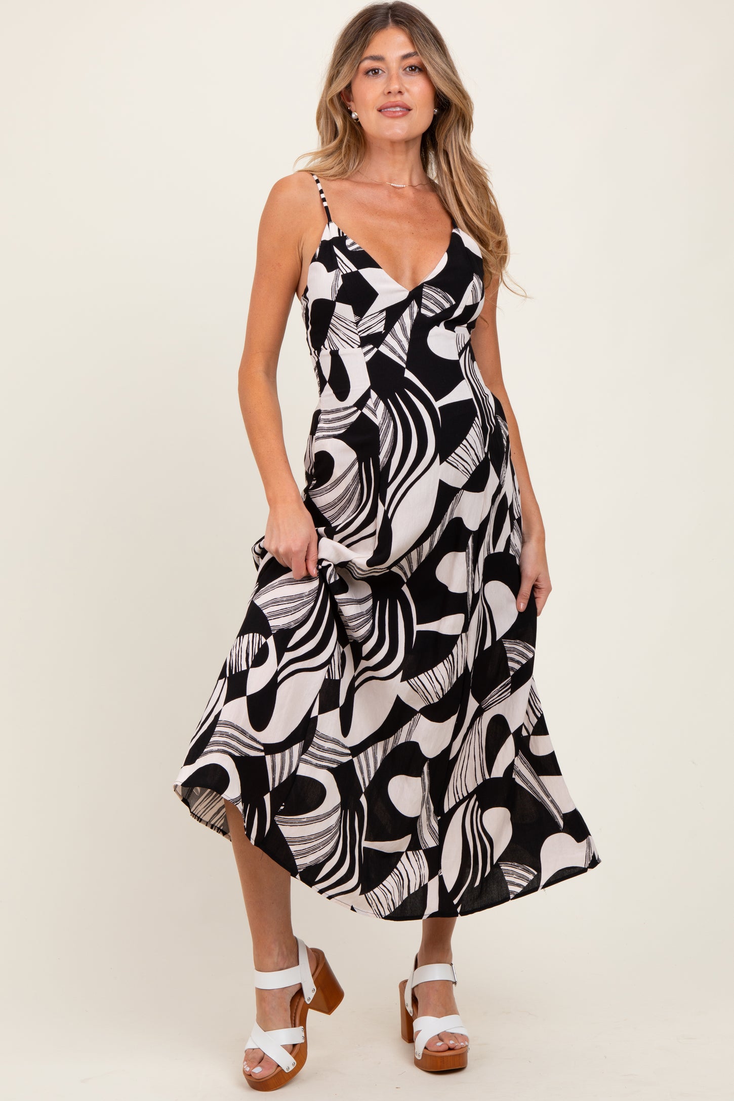 Black Geometric Print Sleeveless Maternity Maxi Dress