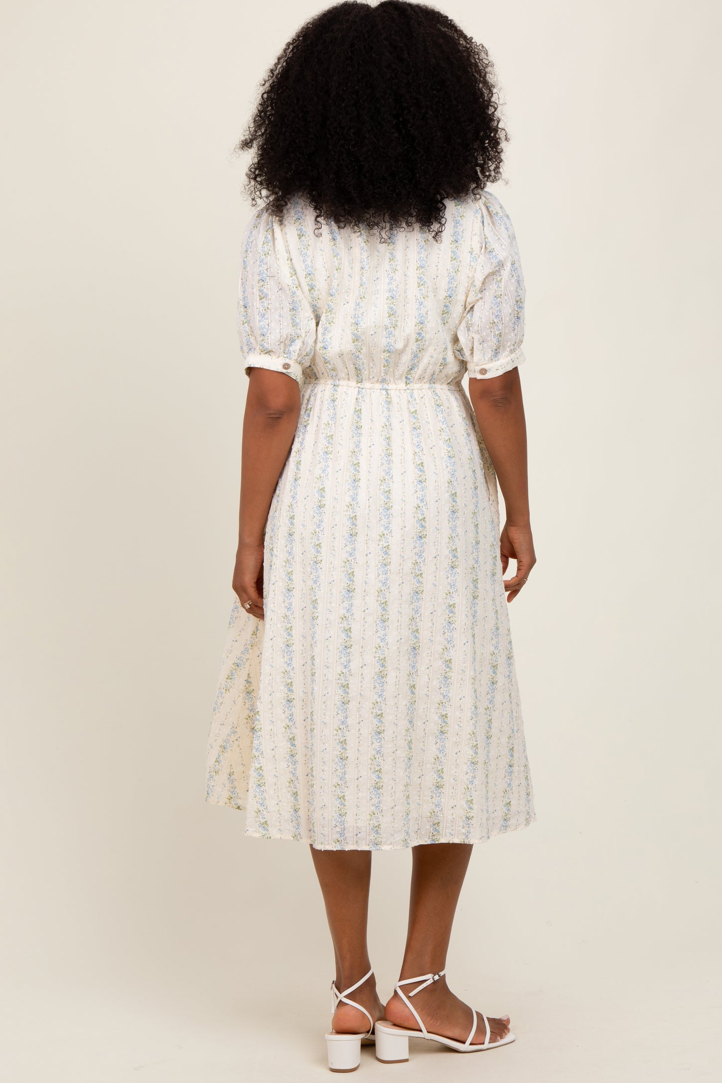 Light Blue Swiss Dot Floral Print Button Down Midi Dress