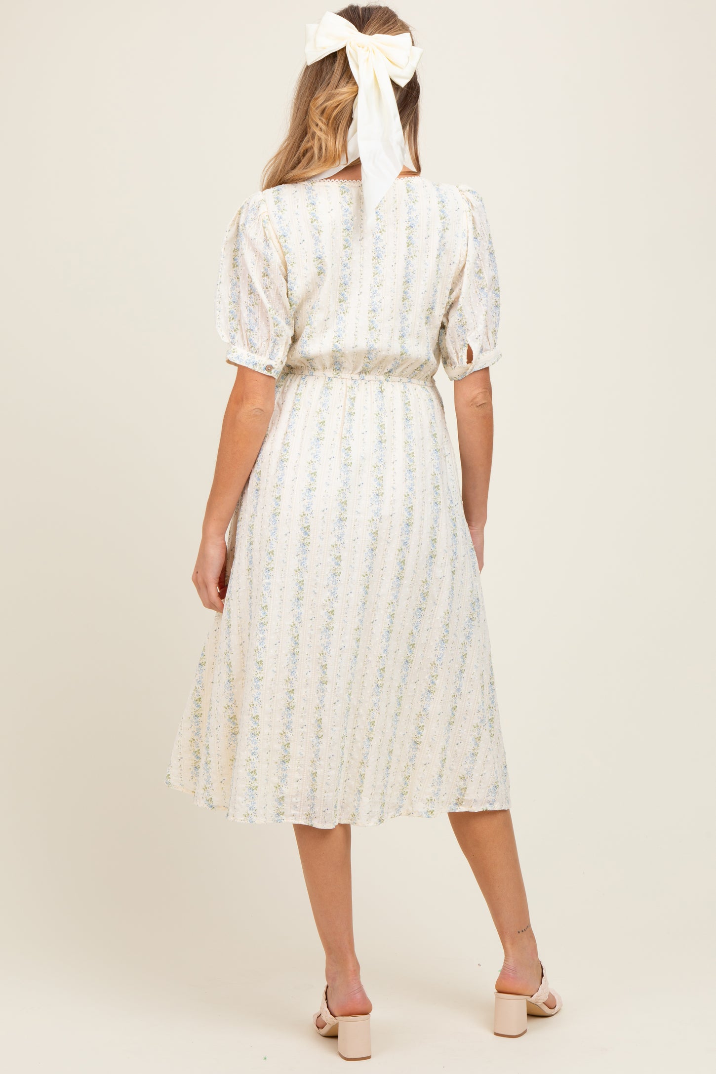 Light Blue Swiss Dot Floral Print Button Down Maternity Midi Dress