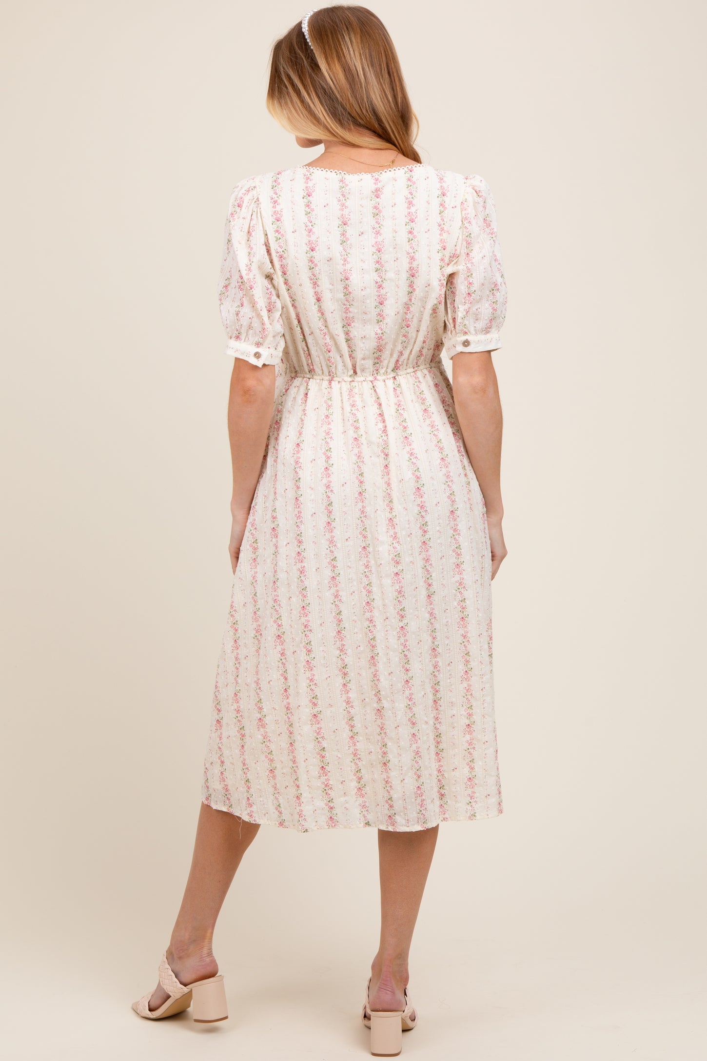 Light Pink Swiss Dot Floral Print Button Down Maternity Midi Dress