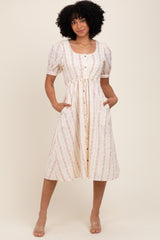 Light Pink Swiss Dot Floral Print Button Down Maternity Midi Dress