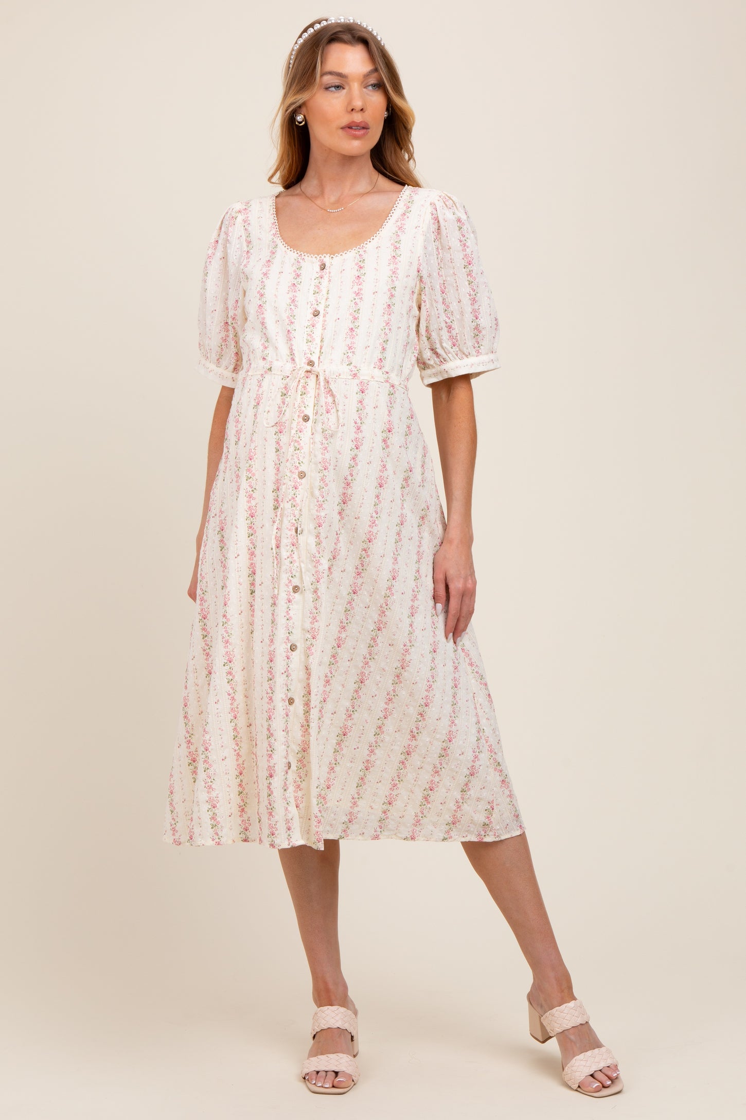 Light Pink Swiss Dot Floral Print Button Down Maternity Midi Dress PinkBlush Light Pink Swiss Dot Floral Print Button Down Maternity Midi Dress PinkBlush