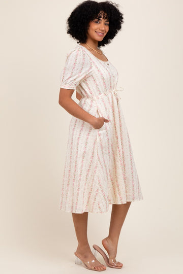 Light Pink Swiss Dot Floral Print Button Down Midi Dress