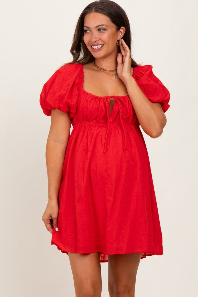 Red Eyelet Lace Puff Sleeve Maternity Mini Dress – PinkBlush