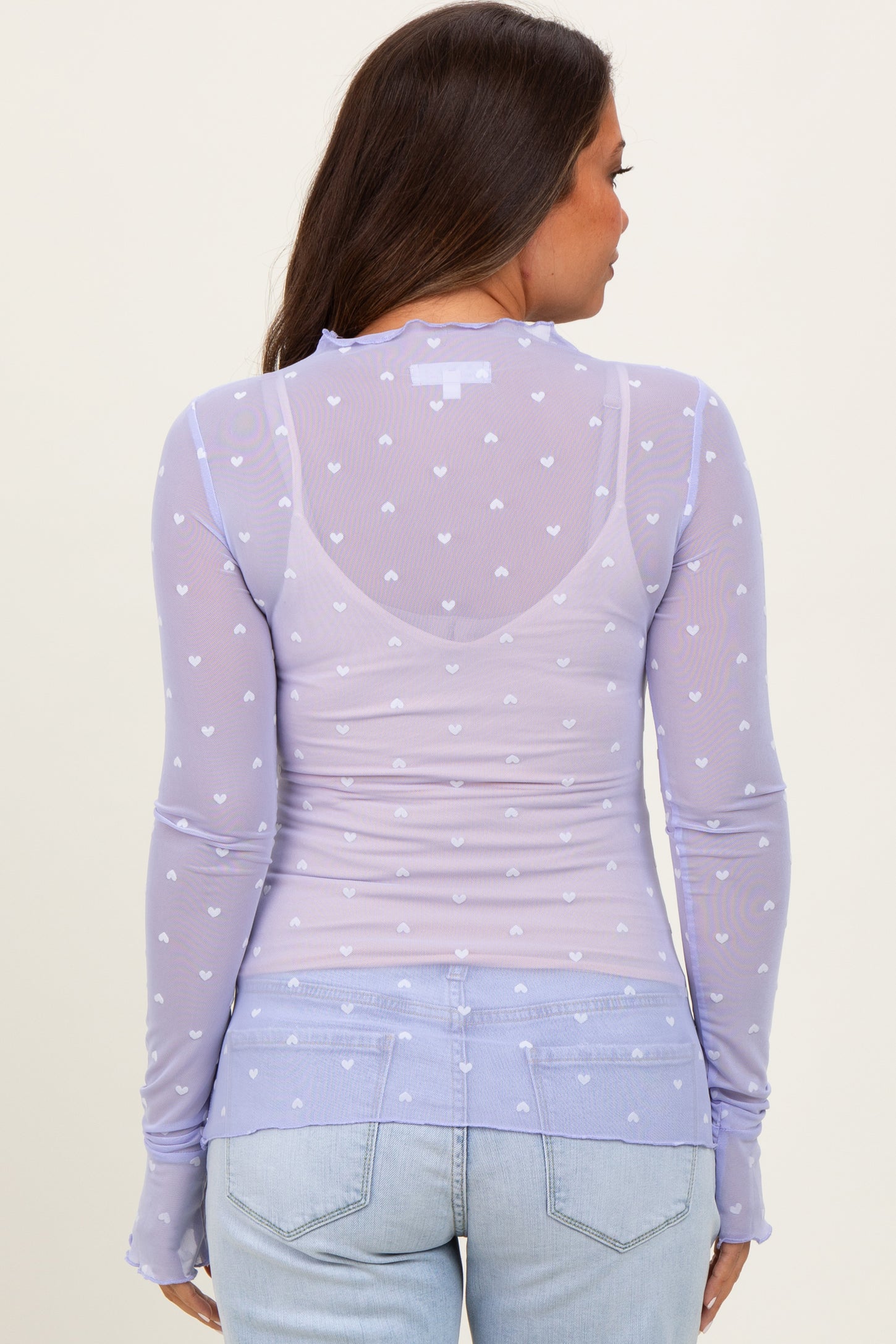 Lavender Mesh Heart High Neck Long Sleeve Maternity Top