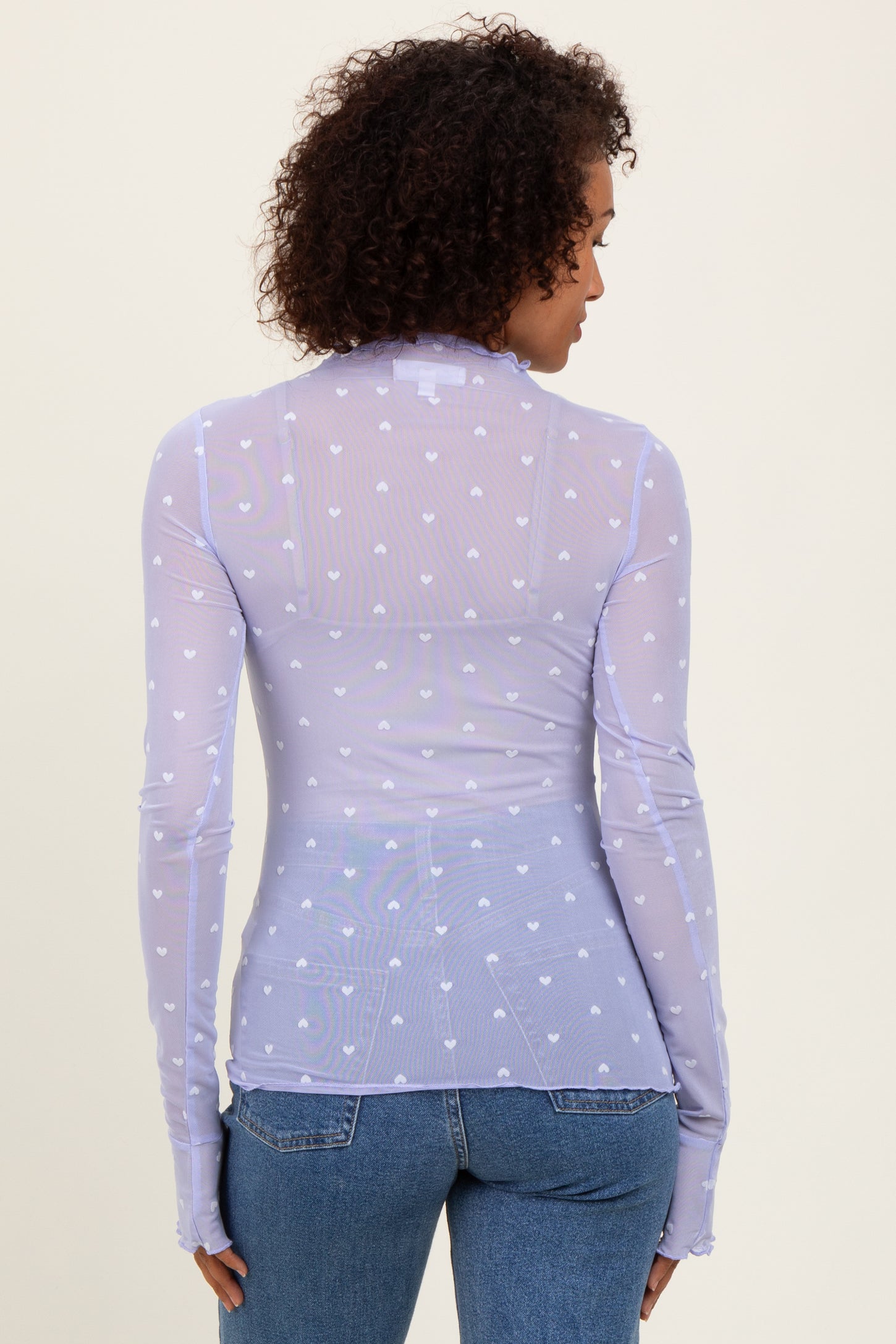Lavender Mesh Heart High Neck Long Sleeve Top